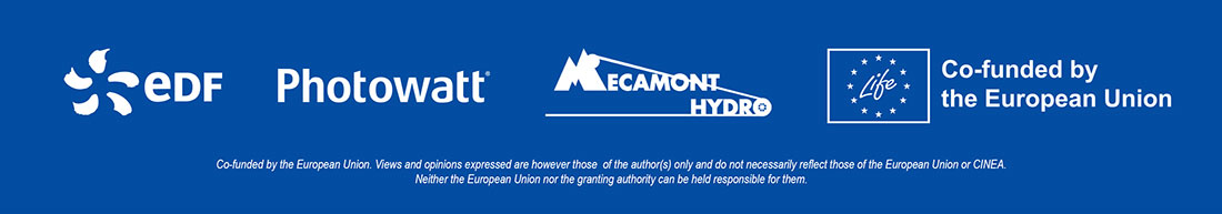 Link to the partners page (logo of EDF, Photowatt, Mécamont Hydro and Life in white on a blue background)