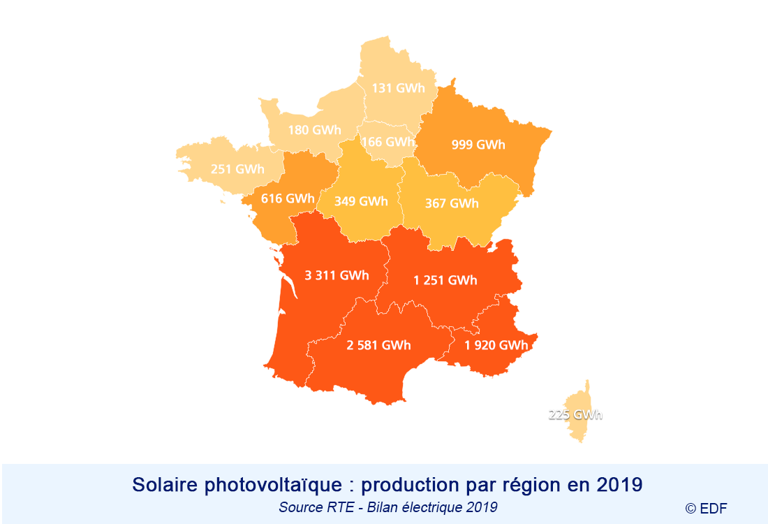 La production du solaire photovoltaïque en France par régions