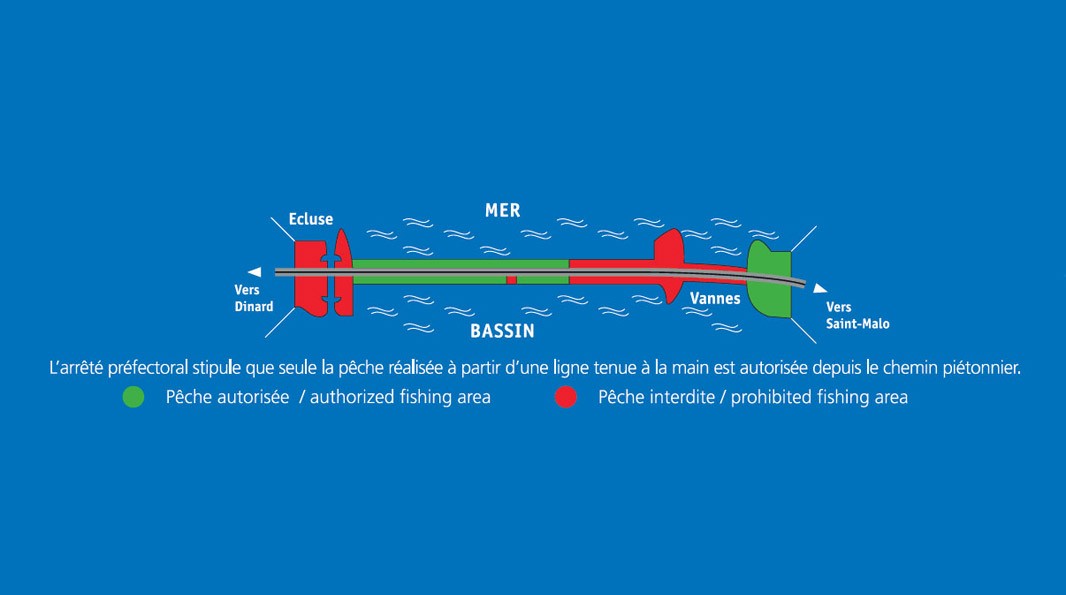 Carte - Zones de pêche autorisées autour du barrage de la Rance (description ci-après)