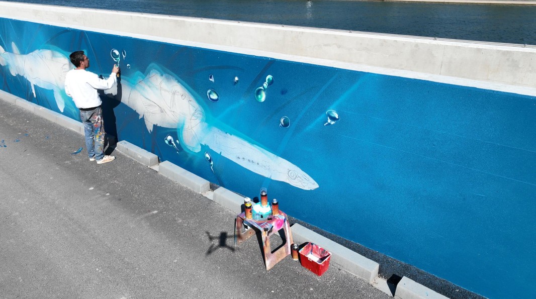 DAN23 peint la fresque de la passe à poissons de Rhinau