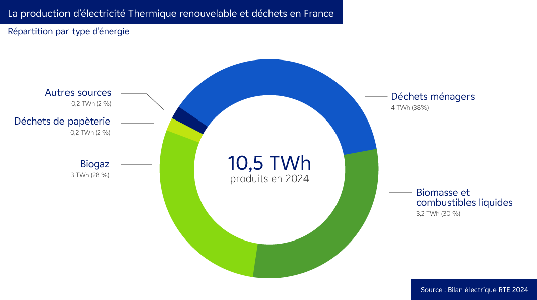 Graphique : Production d'électricité Thermiques renouvelables et déchets en France en 2024 - Description ci-dessous