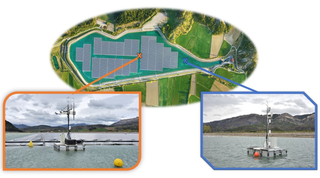 Photo des emplacements des deux radeaux instrumentés : l'un est positionné au cœur de la centrale solaire flottante et l’autre sur une zone d’eau libre