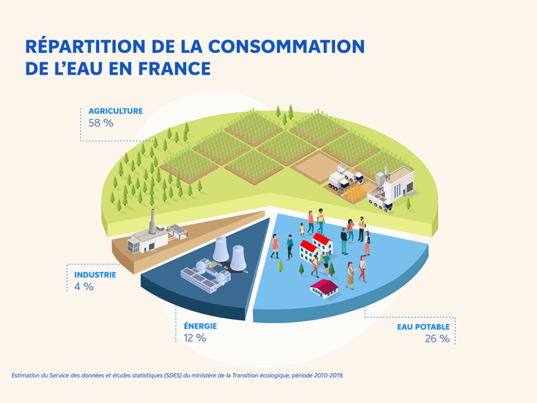 Infographie représentant la répartition de la consommation de l'eau en France