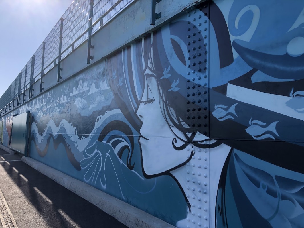 photo de la fresque réalisée par Inkie sur la barrage EDF de Marckolsheim