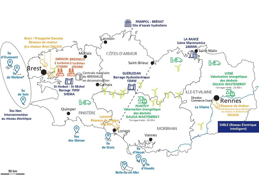 Carte - Les implantations d'EDF en Bretagne (description ci-après)