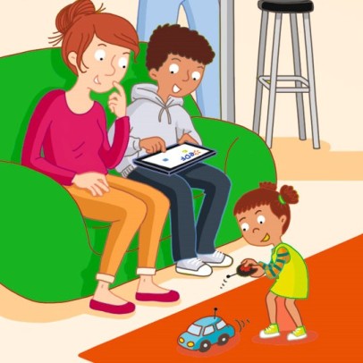 Image illustrative avec une famille consultant le jeu Les Incollables sur tablette